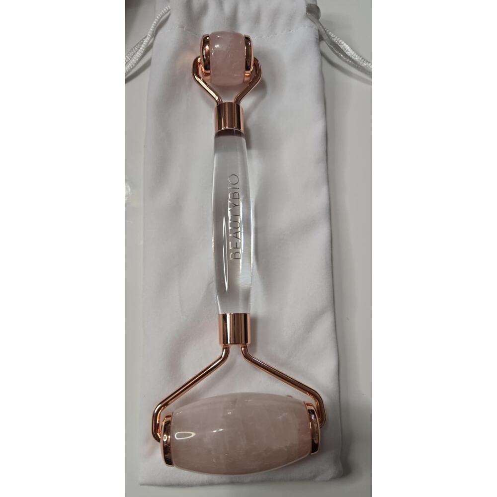 BeautyBio Rose Quartz Facial Roller Pink Stone Massager w/ Pouch Skincare Tool